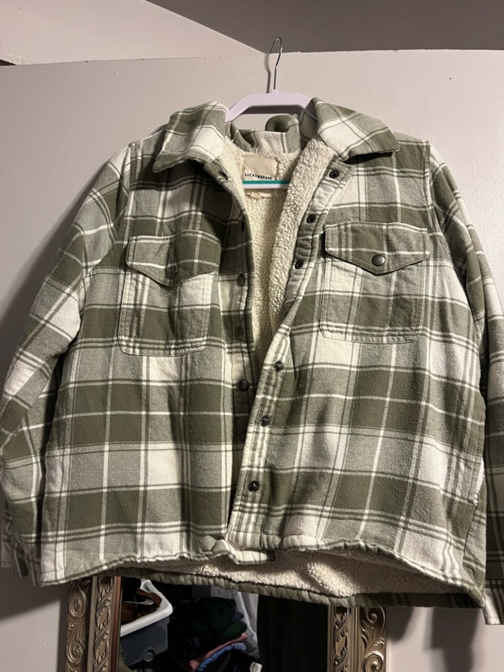 Lucky Brand Cream and Olive Plaid Sherpa Jacket